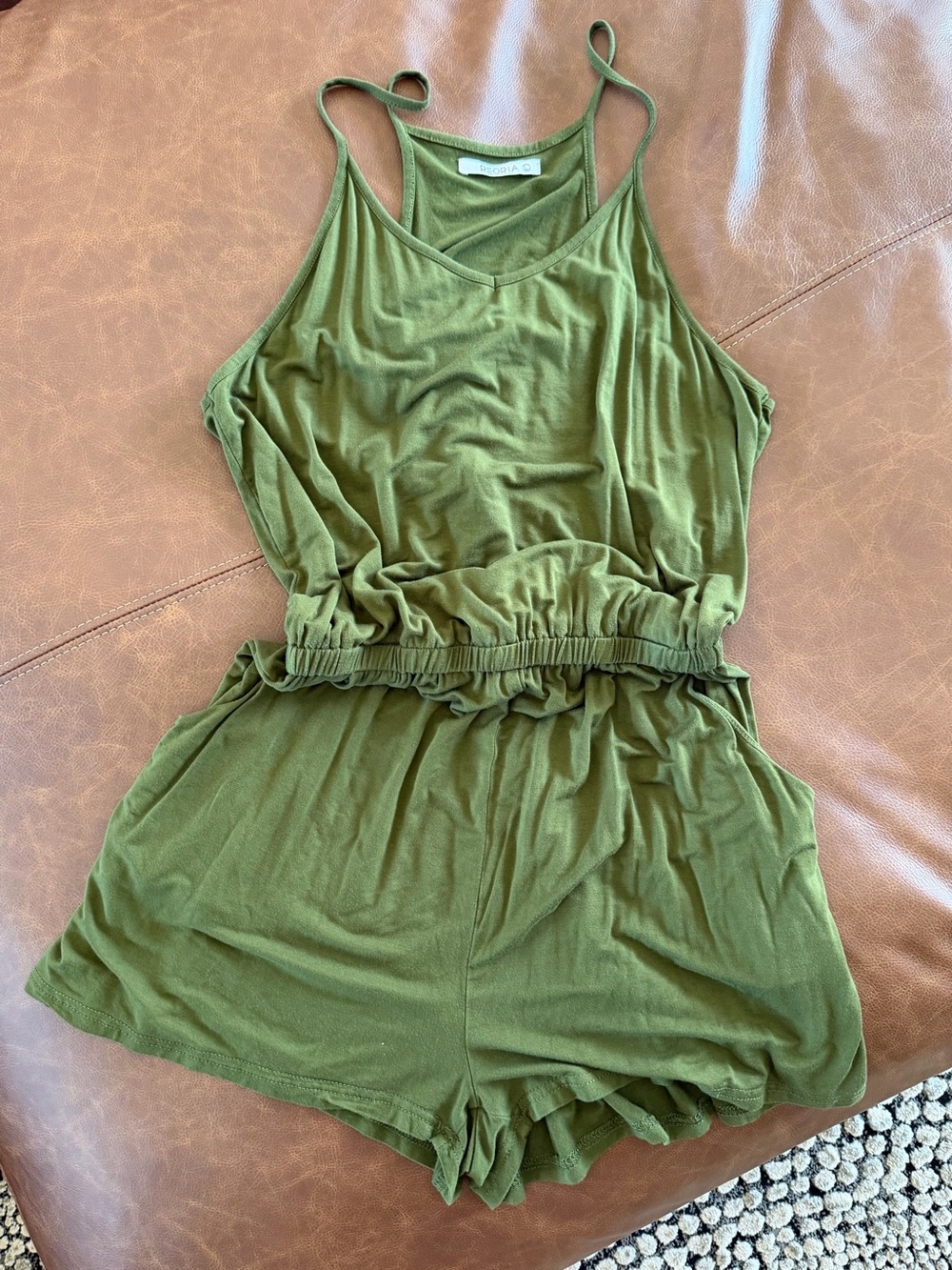 ReoRia Olive Green Sleeveless Knit Romper with Elastic Waist